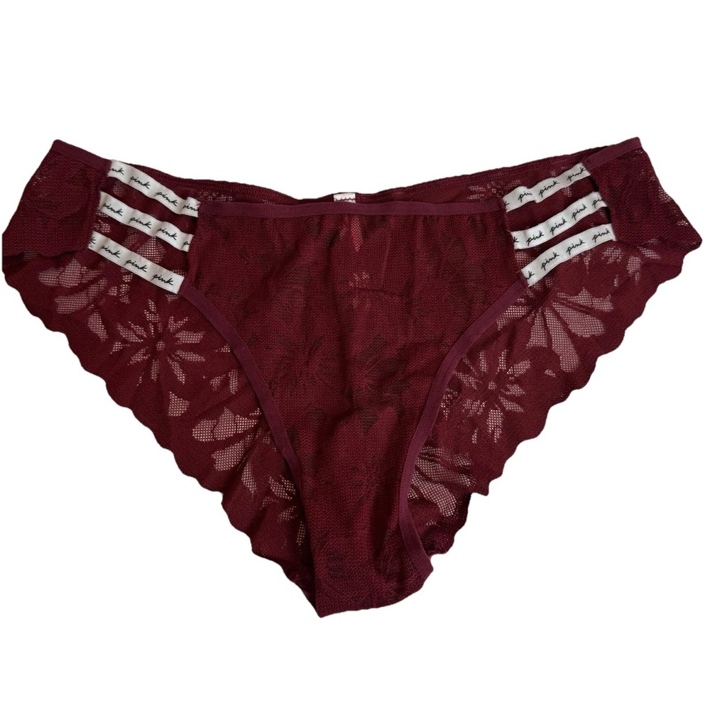 Victoria Secret Pink-Maroon/Cranberry, Floral, Lacey, Strappy Side, Panty. Sz-L